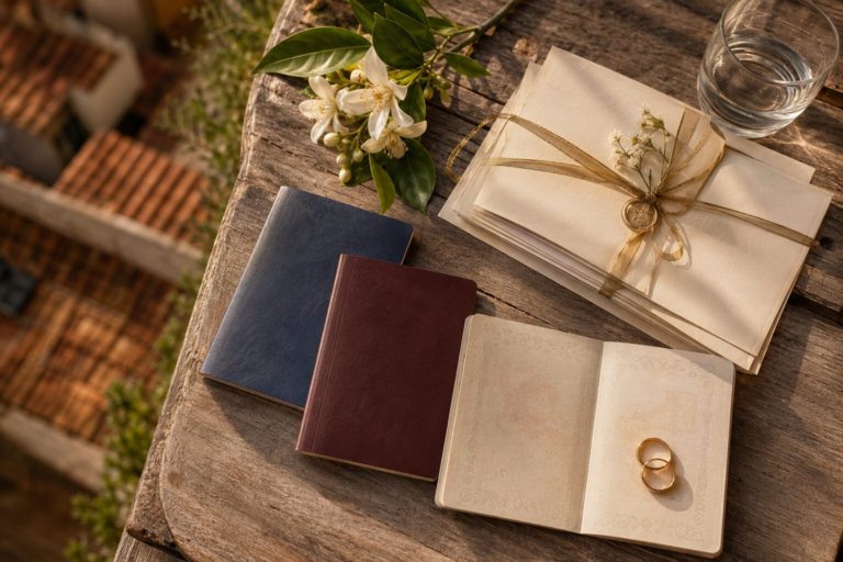 Passports and wedding rings on a terrace table, golden hour, Valencia, Spain