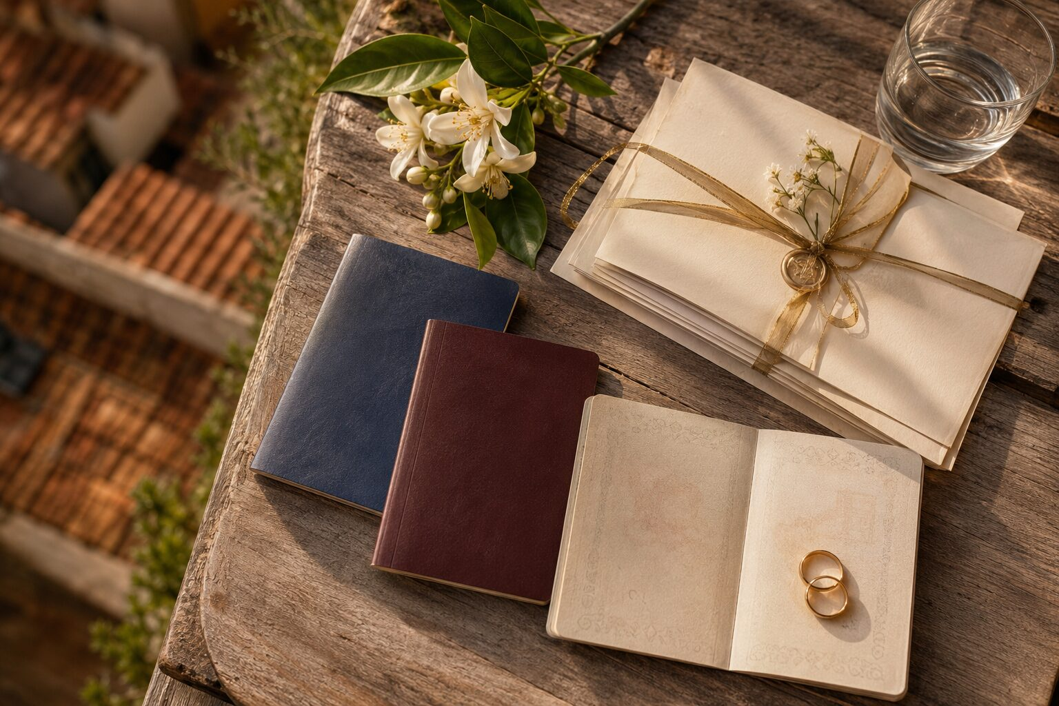 Passports and wedding rings on a terrace table, golden hour, Valencia, Spain