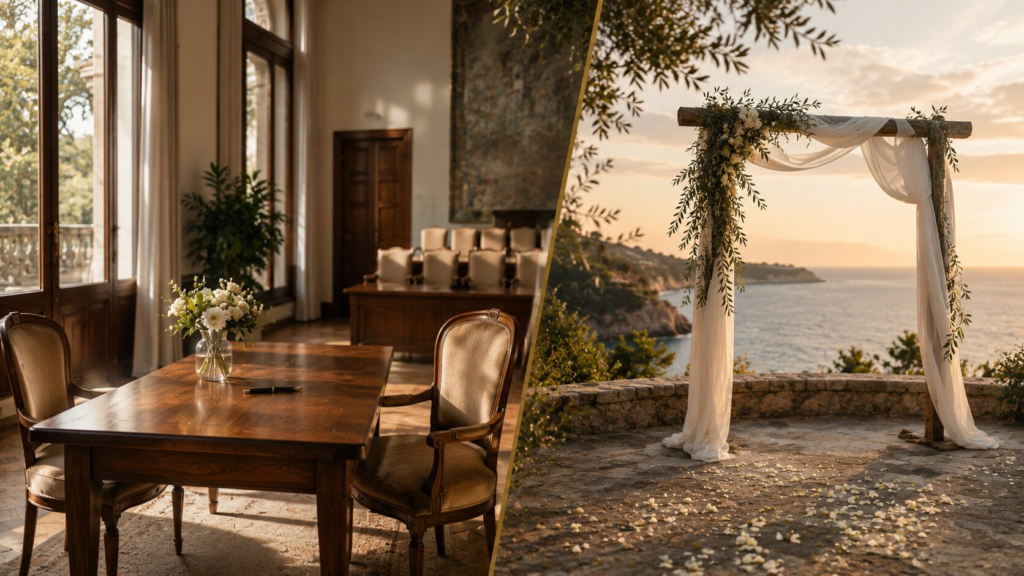 Split comparison image contrasting a formal Spanish civil ceremony registry room with an outdoor symbolic ceremony arch at golden hour
