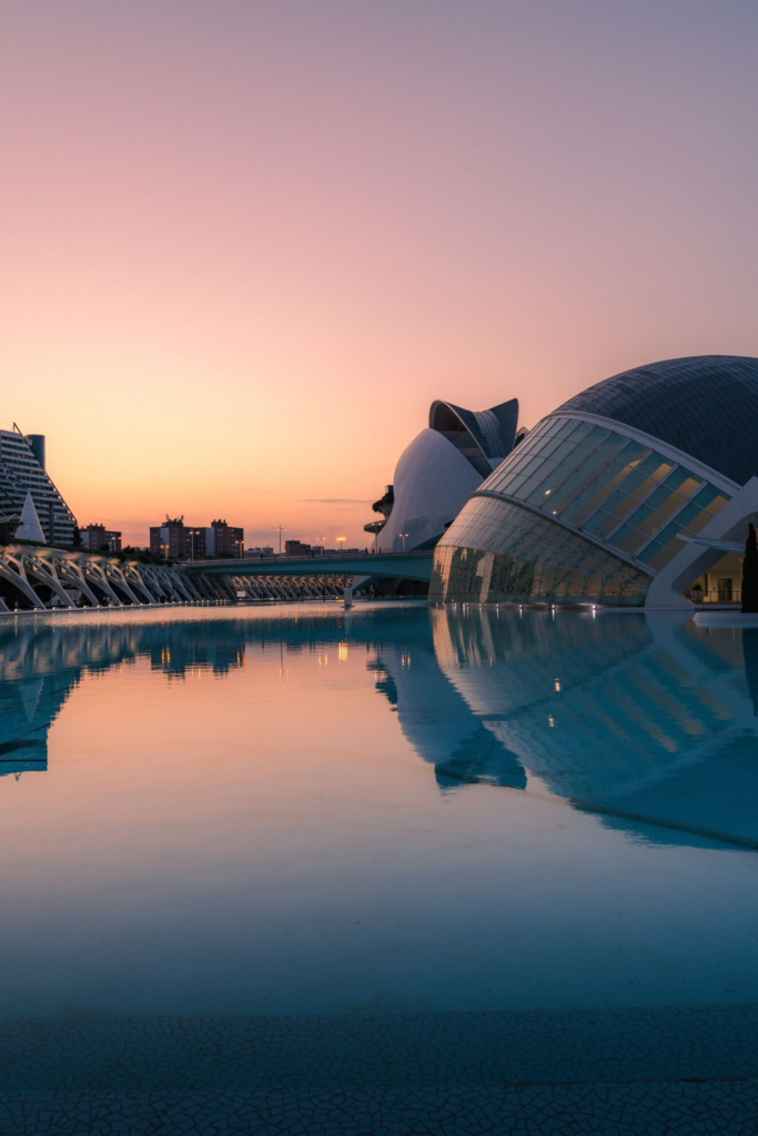 Golden hour at Valencia's City of Arts and Sciences, an iconic backdrop for destination weddings in Valencia & Surroundings, Spain