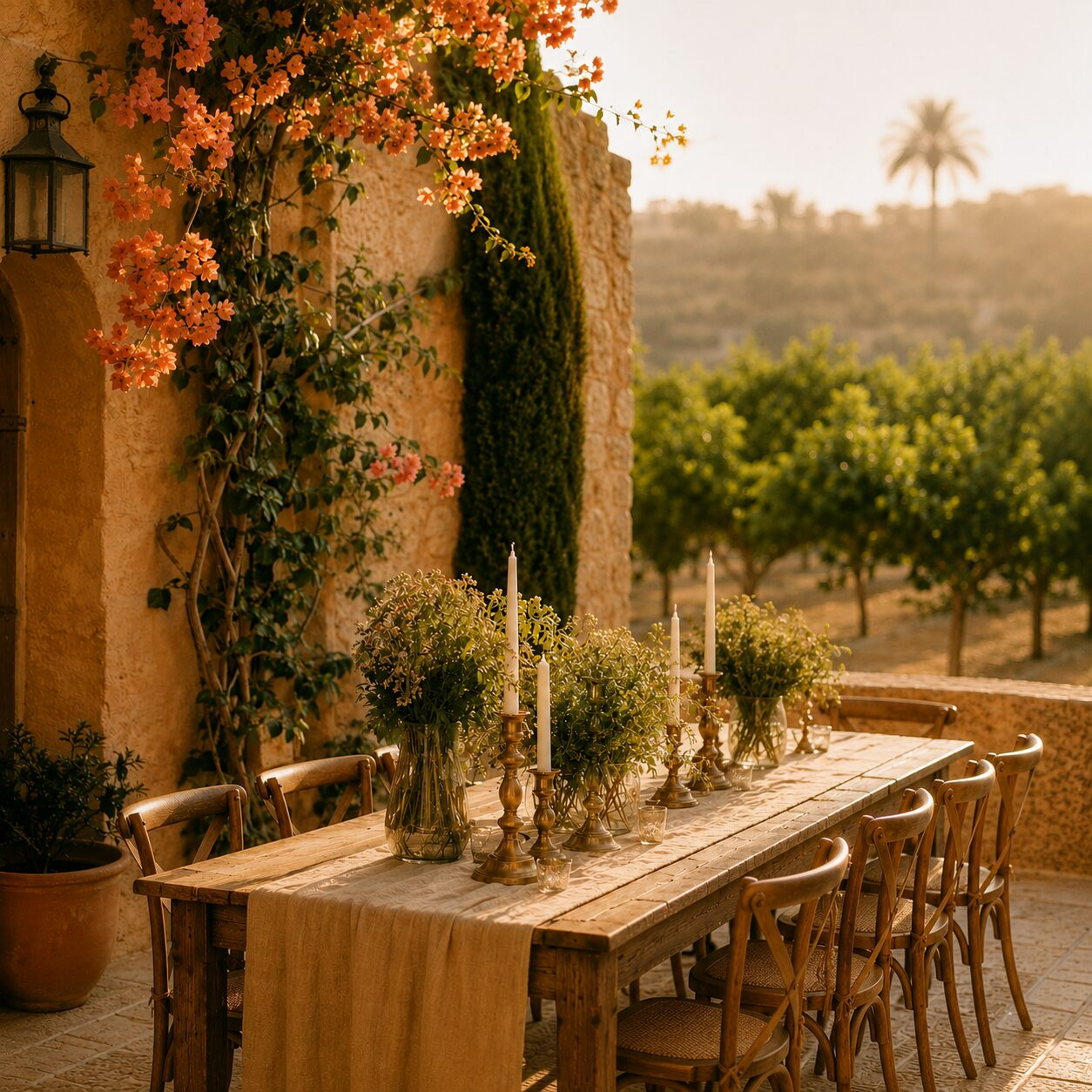 Long wooden table set for an intimate gathering in a sun-lit Valencia courtyard, golden hour
