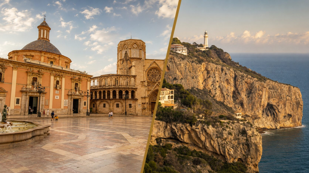 Split view comparing Valencia's historic architecture with Costa Blanca North's coastal villa estates, the two wedding destinations couples choose between in Spain