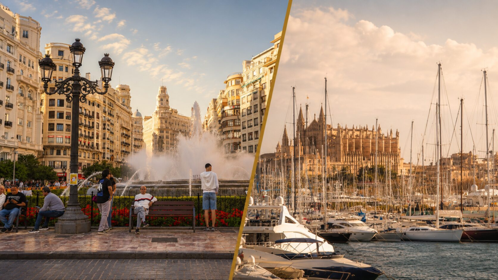 Split view comparing Valencia's historic city architecture with Mallorca's resort coastline, the two Mediterranean wedding destinations couples weigh against each other